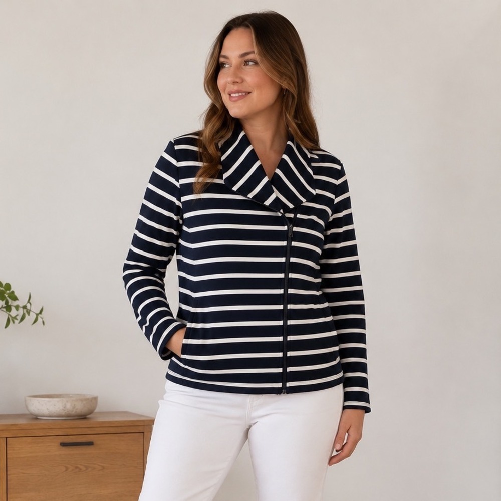 Talbots Navy‎ White Striped Zip Front Jacket Women's XL Office Business Casual